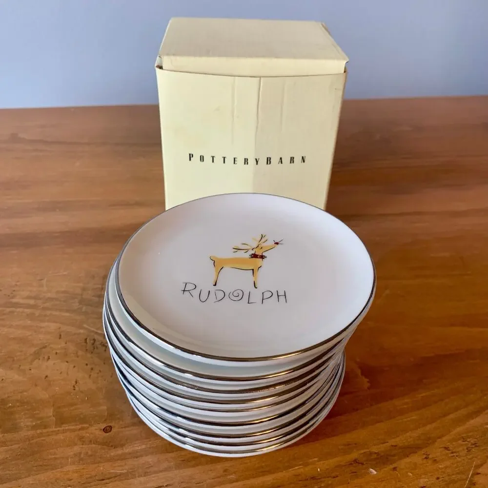 Pottery Barn Santa’s Reindeer 4” Snack Plates Coasters Set 9 Ceramic Christmas